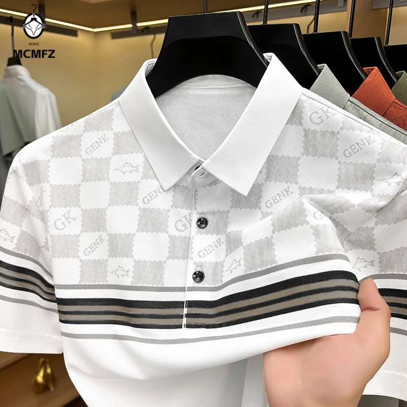 Minimal lattice jacquard polo t shirt male lapel horizontal sleeve stripe quick dry anti sweat daily family gathering wear