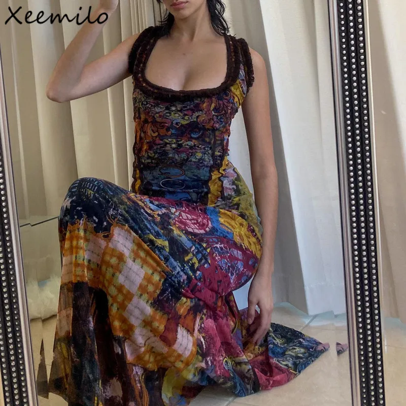 Xeemilo Vintage Oil Painting Print Dress Sexy Backless Hollow Out Sleeveless Maxi Dresses Aesthetic Party Clubwear Slim Vestidos