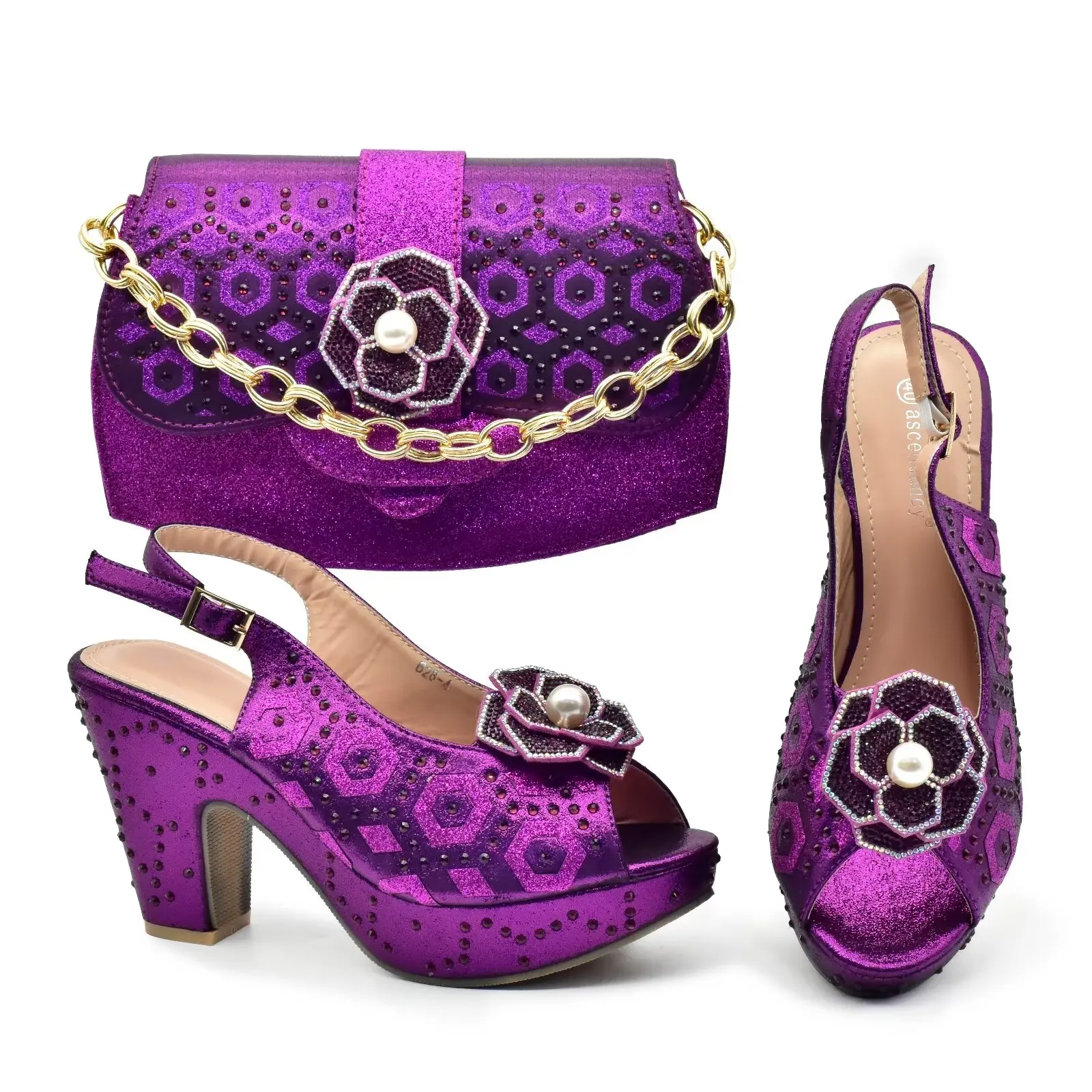 Doershow Italian PURPLE Shoes And Bag Sets For Evening Party With Stones Italian Leather Handbags Match Bags! HGW1-4