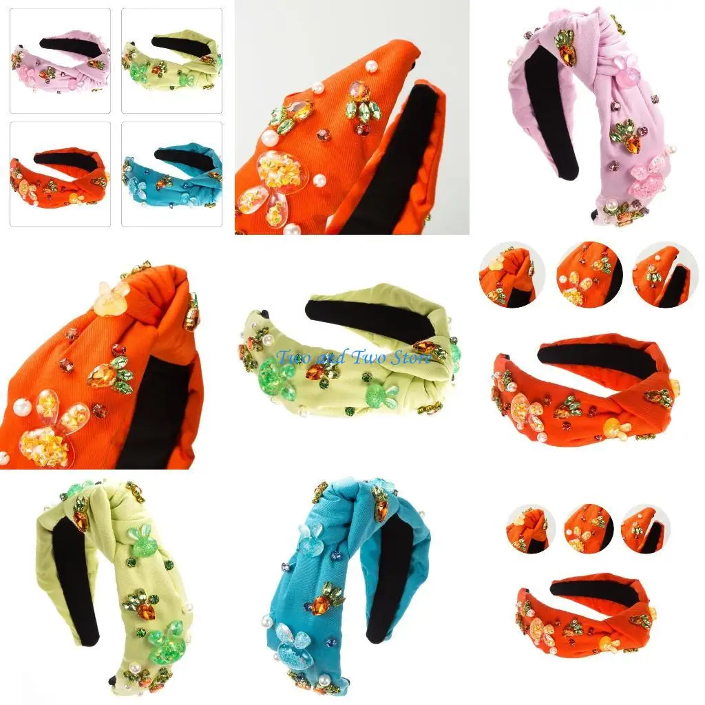 

HX6F завязанная повязка на голову для женщин, обруч для волос со стразами и бусинами, широкая повязка на голову с высоким для