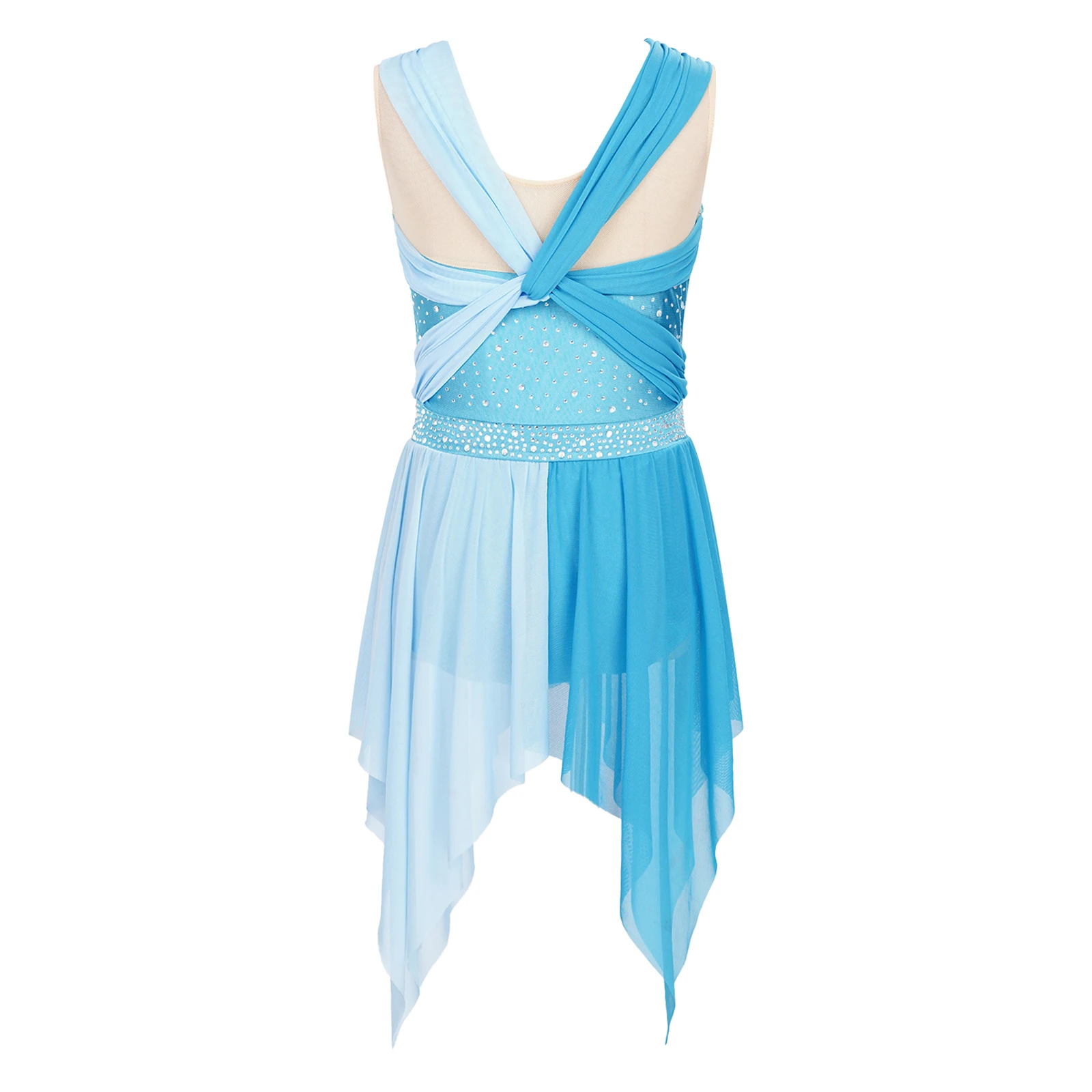 Kids Ballet Leoatd Dress for Girls Children Irregular Hem Mesh Ice Figure Skating Dress Dancewear Rhinestone Gymnastics Costume