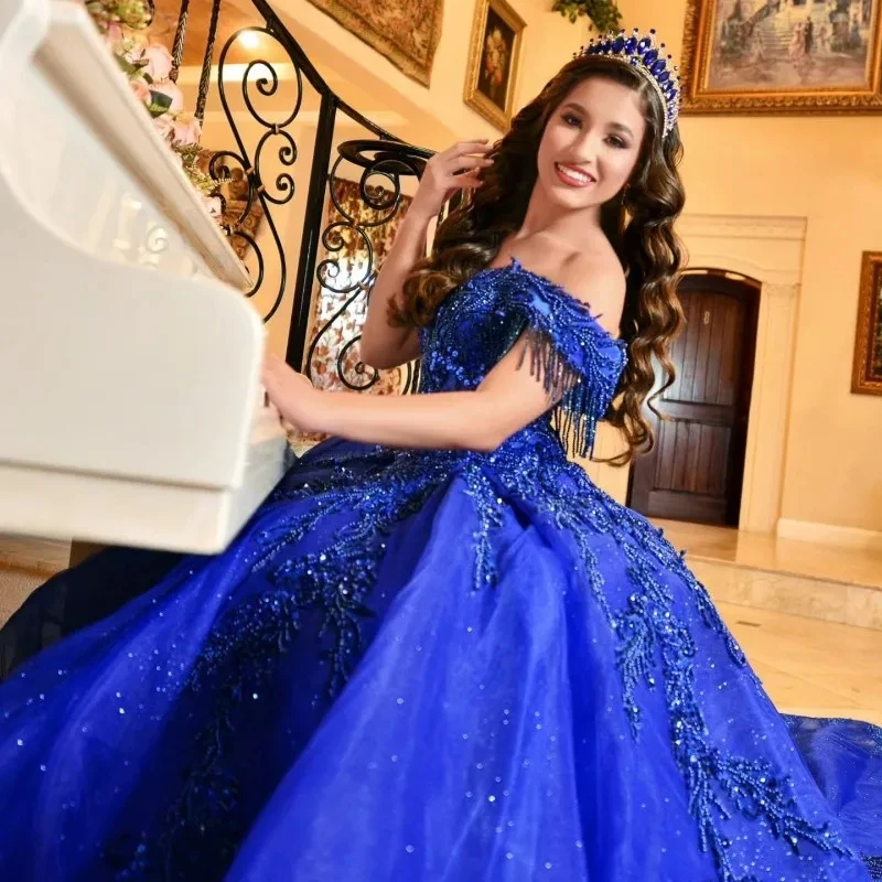 Royal Blue Princess Quinceanera Dresses Ball Gown Off The Shoulder Appliques Beaded Sweet 16 Dresses 15 Años Mexican