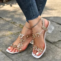 Sandalias de Punta abierta para mujer, zapatos con flores brillantes, diamantes de imitación, raíz transparente, 2022