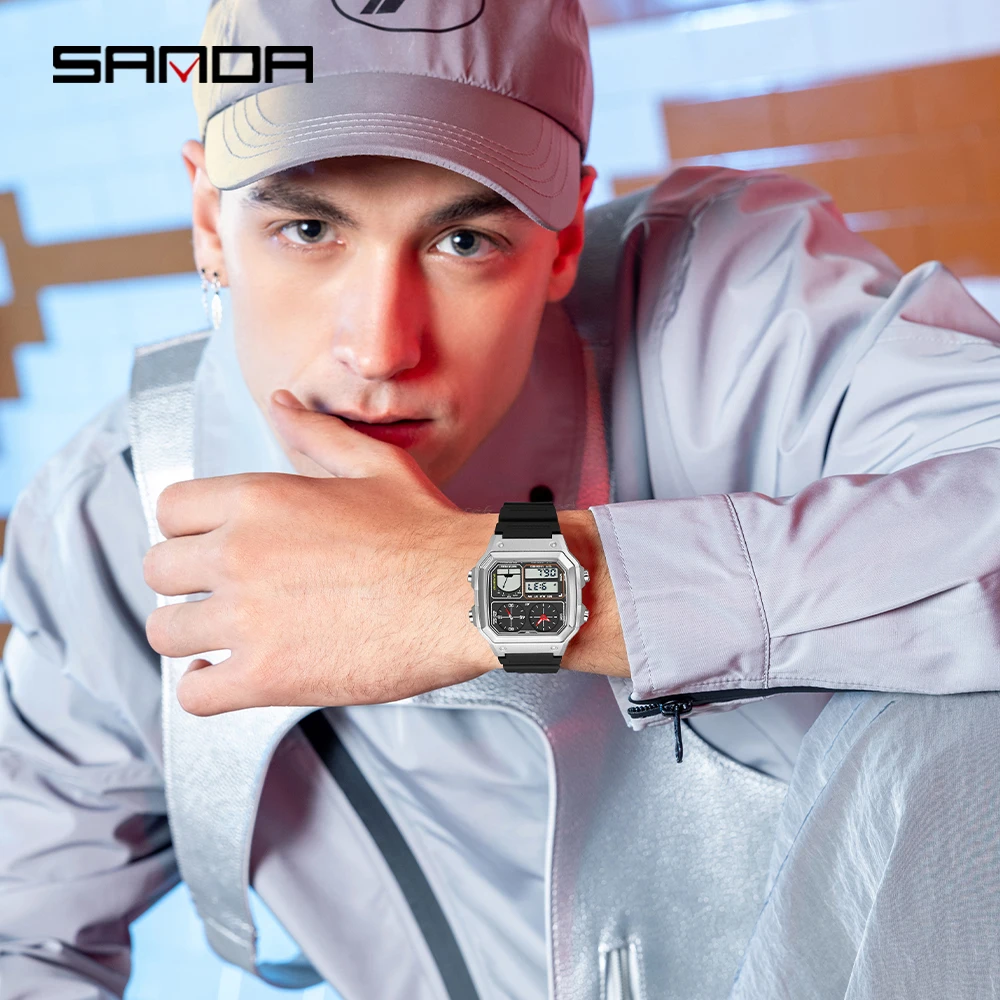 SANDA جديد 6257 ساعة الطالب TEMU متعددة الوظائف قياس درجة الحرارة ساعة مربعة موضة رياضية مربع 2025 #3