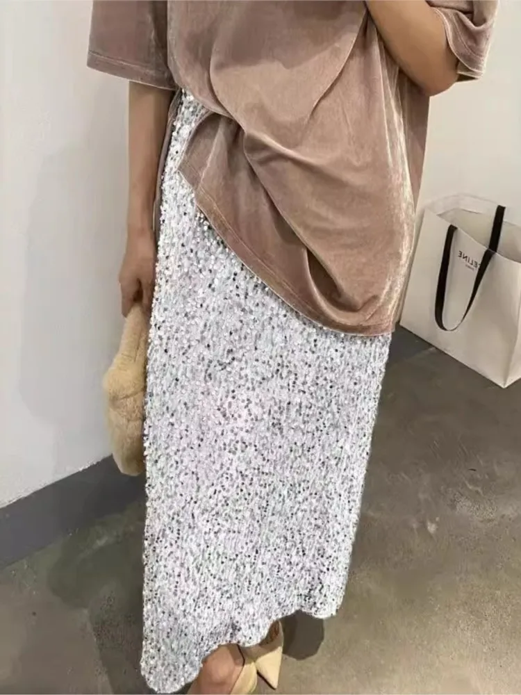 Foreign Style Elegance Sequins Ropa Mujer Woman's Fashion Solid Color Elastic Waist Straight Skirt Spring Autumn Ladies Skirts