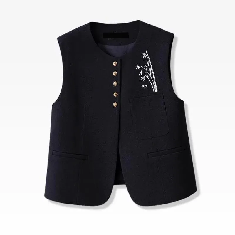 Women's Suit Vest Embroidered Bamboo Panda Sleeveless Waistcoat Korean Style Elegant Layered Outerwear For Spring Autumn