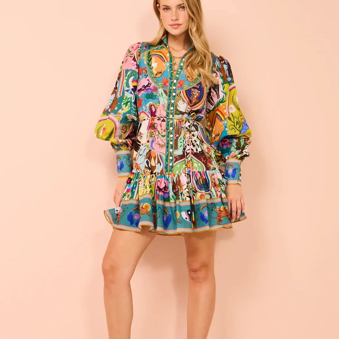 

2024 New Casual Fashion Floral Print Shirt Cardigan Dress, Versatile A-Line Dress, Comfortable, Casual, Stand Collar, Long Sleev