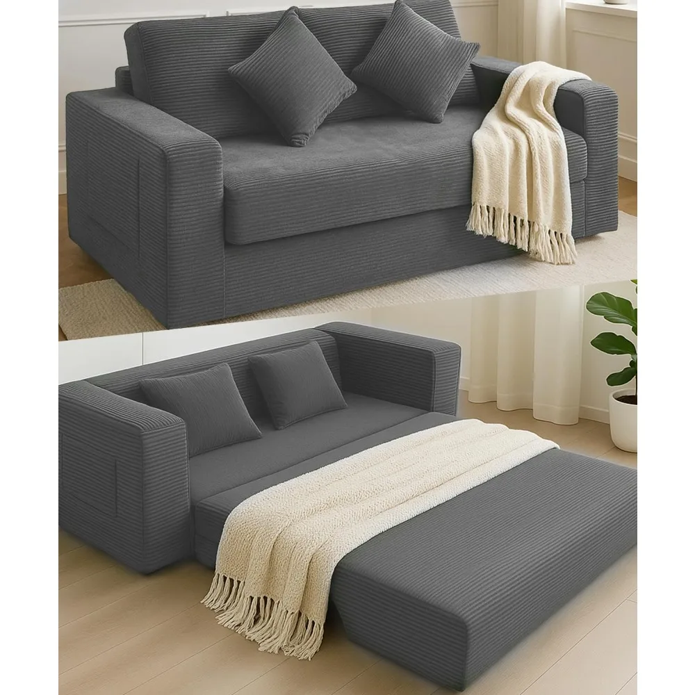 

75 Inch Foldable Sofa Bed – Oversized Corduroy Upholstered Boneless Loveseat Sleeper, Pull Out Bed with No Installation