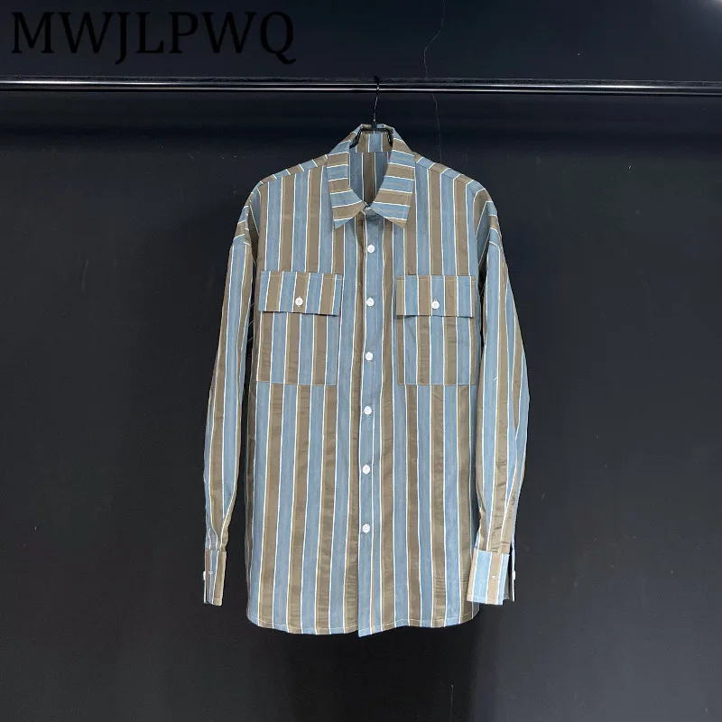 

MWJLPWQ Striped Spliced Design 2025 New Striped Shirt Men's Women High Street Lapel Loose Casual Long Sleeve Autumn Tops 12145
