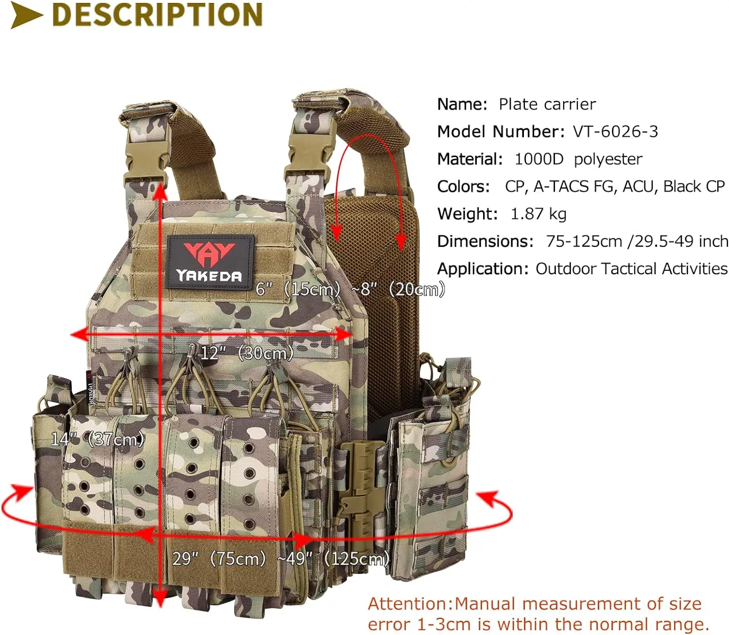 Yakeda 1000D Nylon Plate Carrier Vest Outdoor Hunting Protective Adjustable Molle Vest for Airsoft Combat