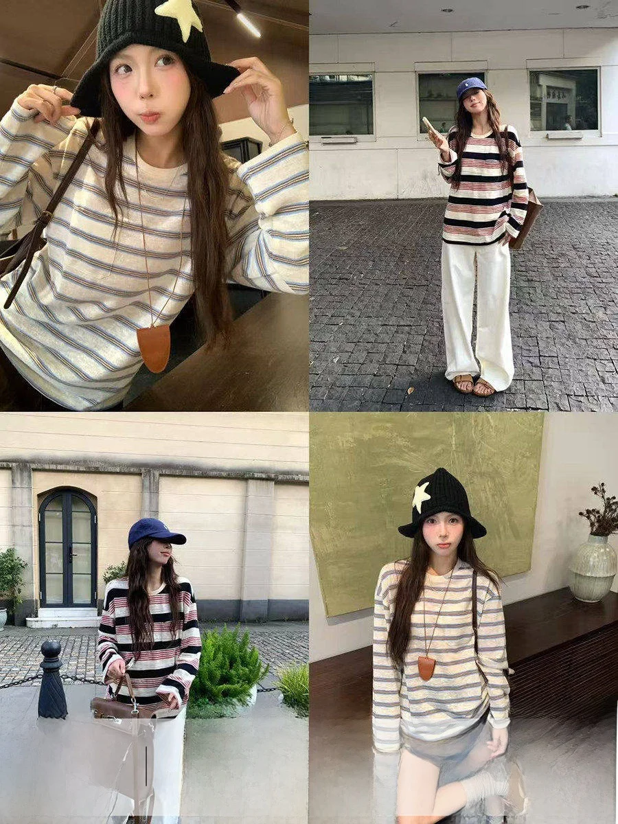 

Женская повседневная универсальная футболка Linyunyun Lazy Stripe Vintage Miu с длинным рукавом, из смесового хлопка и полиэстера, осенняя