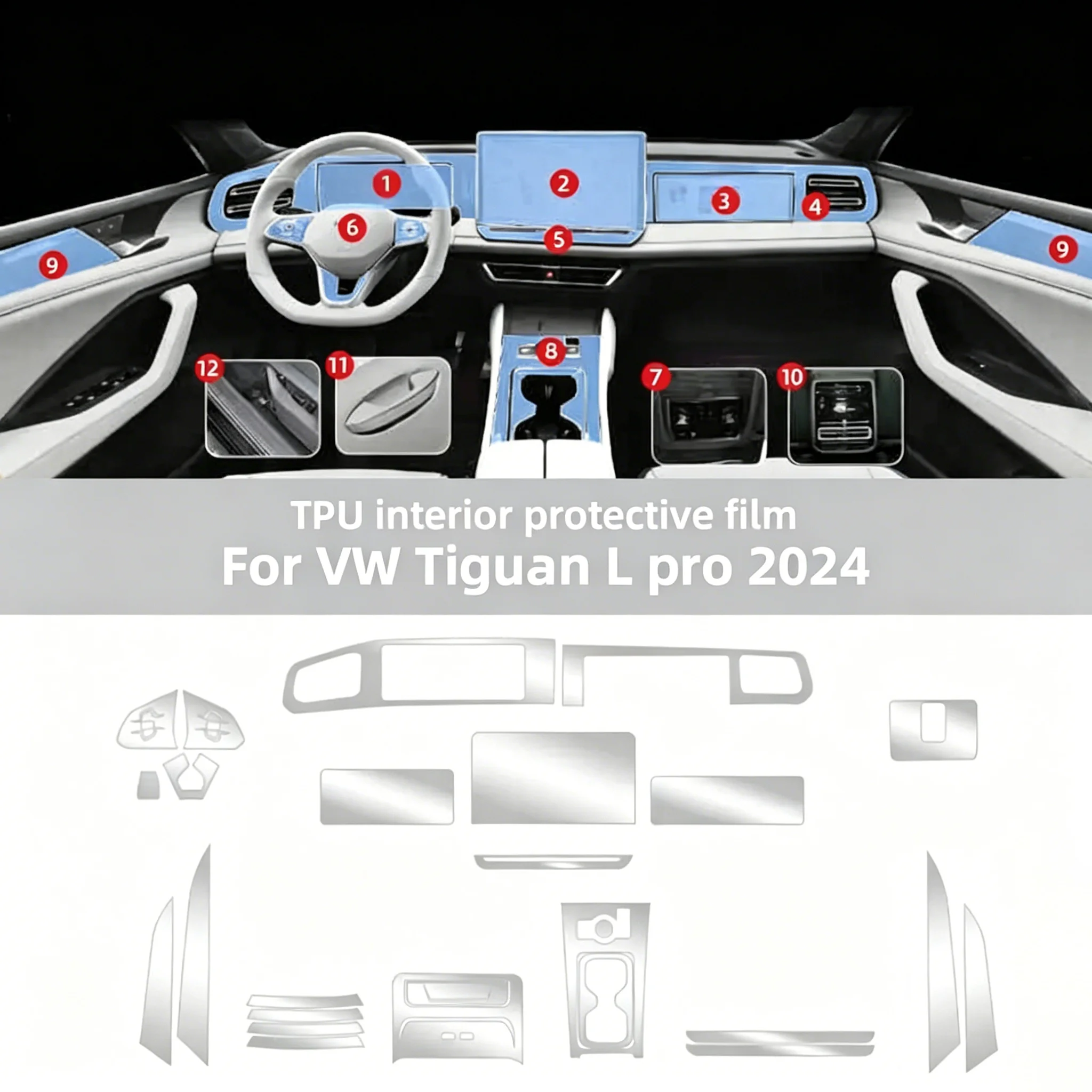 Für Volkswagen Tiguan L Pro VW 2024-2026 Innenraum Transparente TPU-Schutzfolie Mittelkonsole PPF Kratzschutz – Detail 2