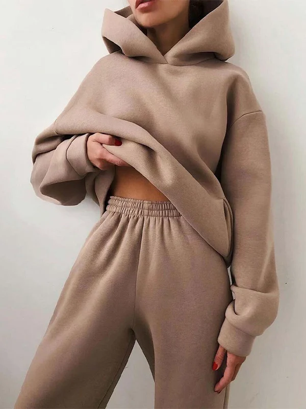 

Pure Color Sports Two-Piece Set Casual Trousers Loose Fit Chemical Fiber Fabric Long Sve Street Sle Autumn Collection