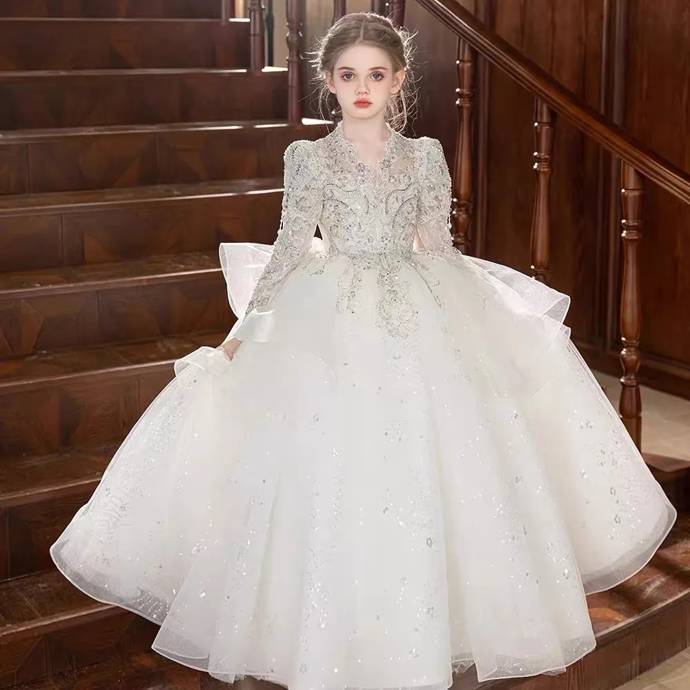 Sukienka księżniczki, ekskluzywna, na wybieg, dla dziewczynki sypiącej kwiatki, na wesele, sukienka dla małej dziewczynki, sukienka dla dzieci na występ fortepianowy, z długim rękawem.