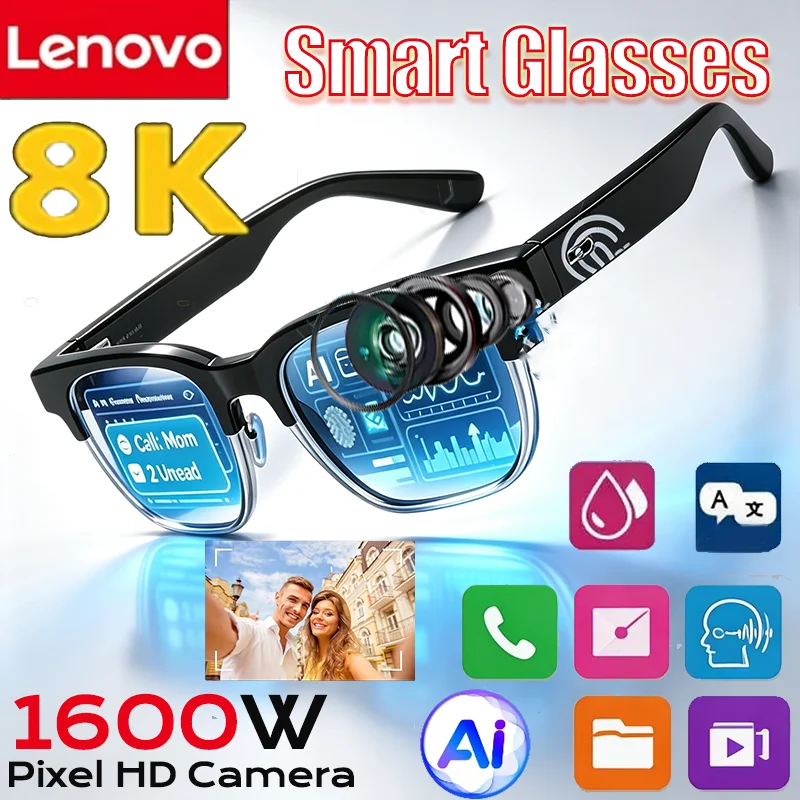 Óculos Inteligentes Lenovo 8K AI com Chamadas Sem Fio, Tradução por IA, Novo 2027, Registro de Conversas com IA, Reprodução de Música, Óculos de Sol Inteligentes para Mulheres e Homens