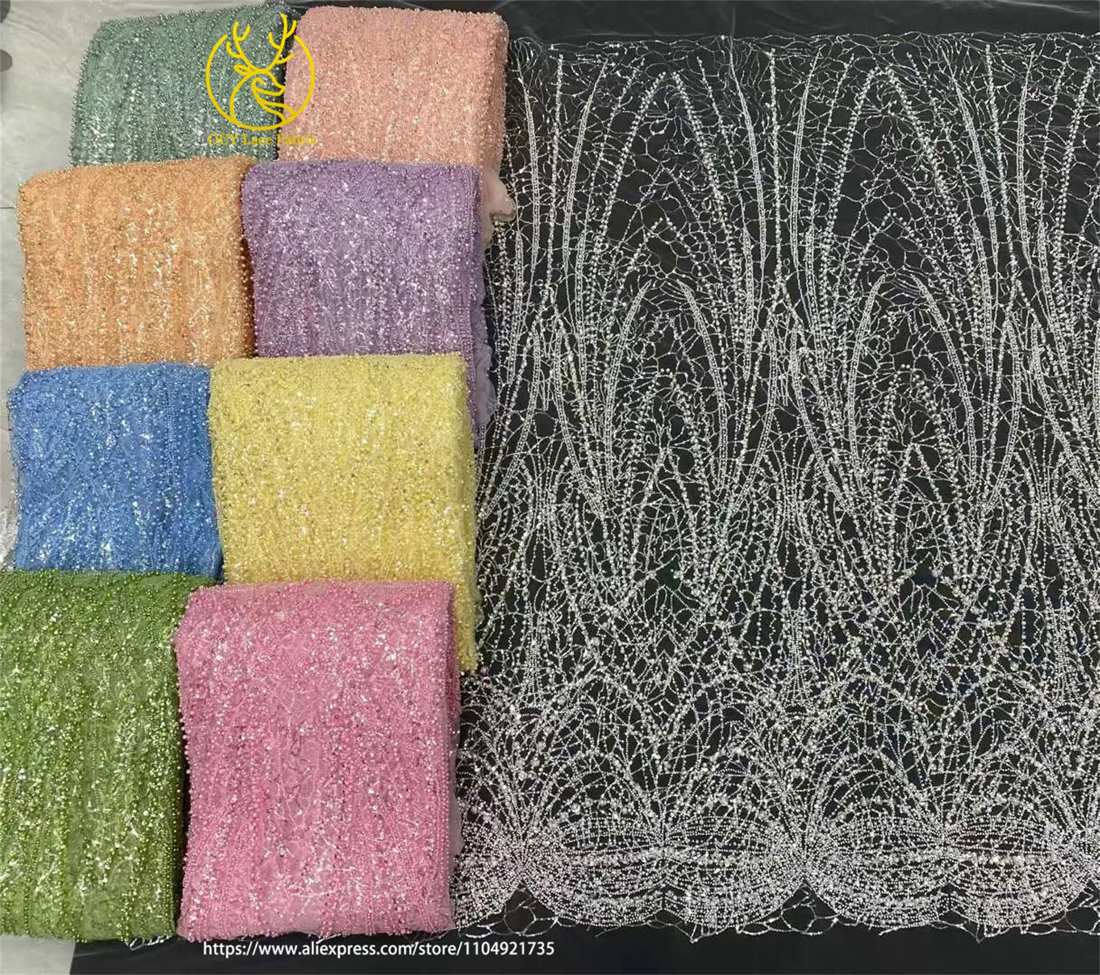 Wunderschöner Modischer Afrikanischer Nigerianischer Perlen-Spitzenstoff 2026 Rosa Französischer Pailletten-Spitzenstoff zum Nähen von Hochzeits- und Partykleidern – Detail 3