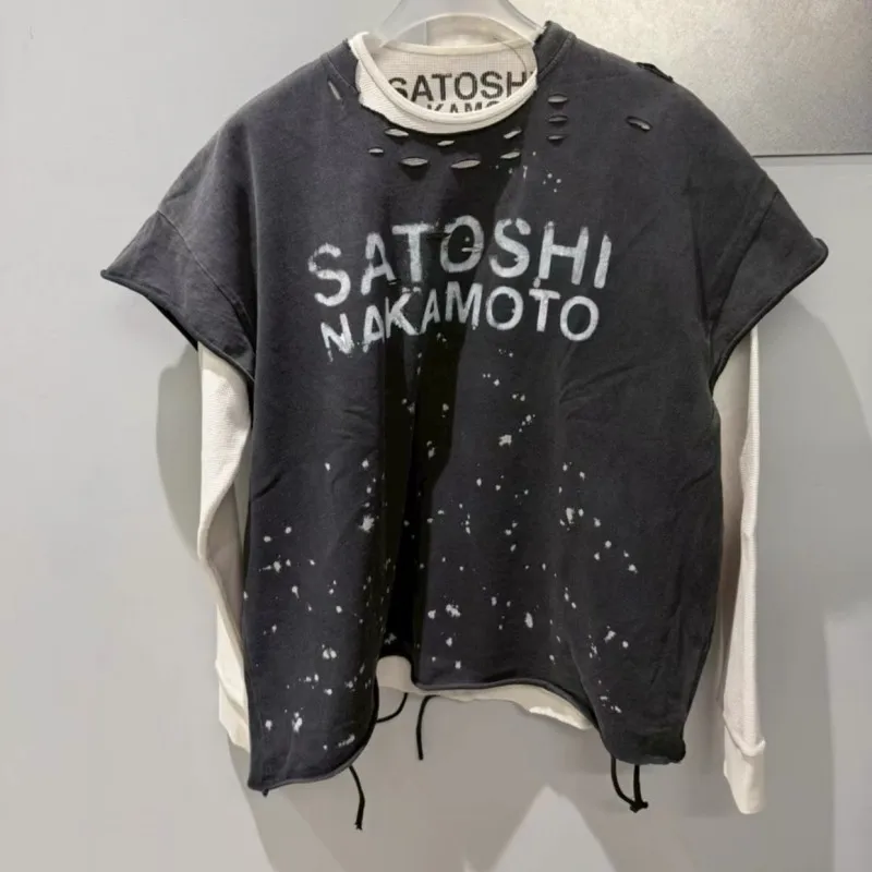 Heavy-duty Destruction Washed Black Irregular Ink Splashing SATOSHI Sleeveless T-shirt Men Women Stacked Vest Hiphop Streetwear