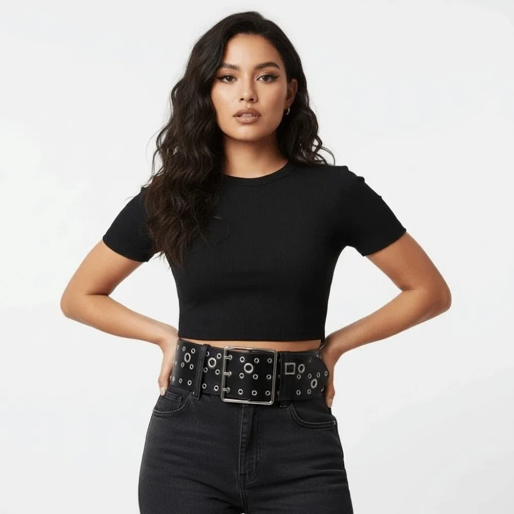 

Регулируемый широкий ремень с полыми заклепками, трехрядная пряжка с иглами, индивидуальный дизайн, ремень в стиле Y2K для крутых девушек, панк-стиль, американский стиль