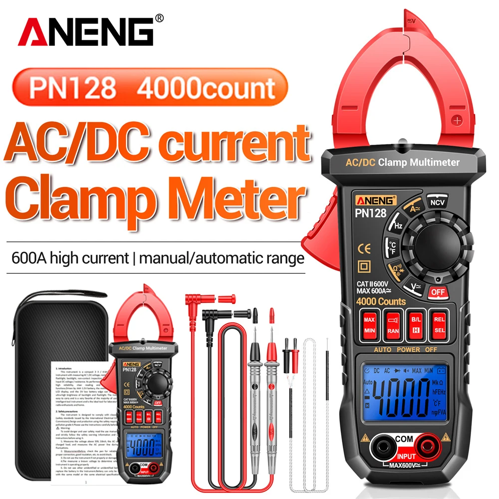 Aneng ตัวหนีบ PN128มัลติมิเตอร์แบบดิจิทัล4000นับเครื่องมือทดสอบโอห์มกระแสไฟฟ้าหน้าจอ LCD True RMS ความแม่นยำสูงสำหรับช่างไฟฟ้า