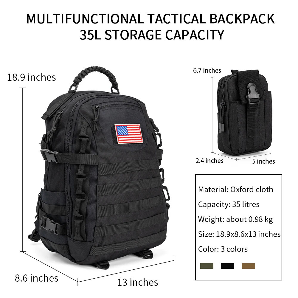 Kabaqoo 35L Military Tactical Backpack For Men Army Backpack Military Daypack 3 Day Assault Pack Hiking Rucksack Bug Out Bag