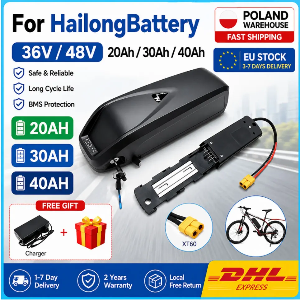 Long Range Fast Charge Hailong Electric Bike Lithium Battery Pack 36V 48V 20Ah/30Ah/40Ah High Power Built In BMS Replacement Battery Compatible With 500W To 1500W E-bike Motors