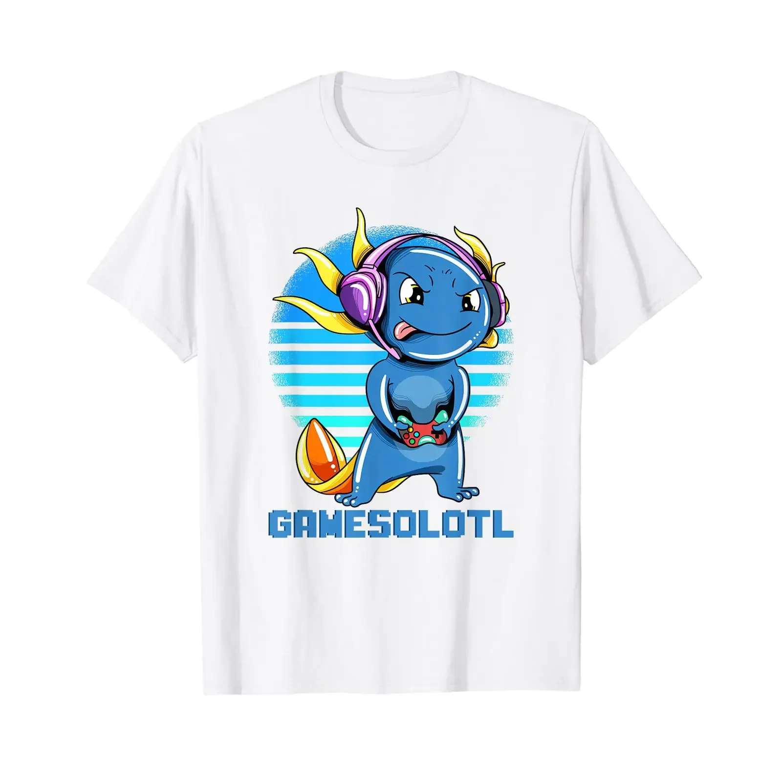 Gamesolotl Axolotl as Gamer with Headset Cute Anime Kawaii T Shirt White vintage Washed Stretched fashion Comfortable Soft