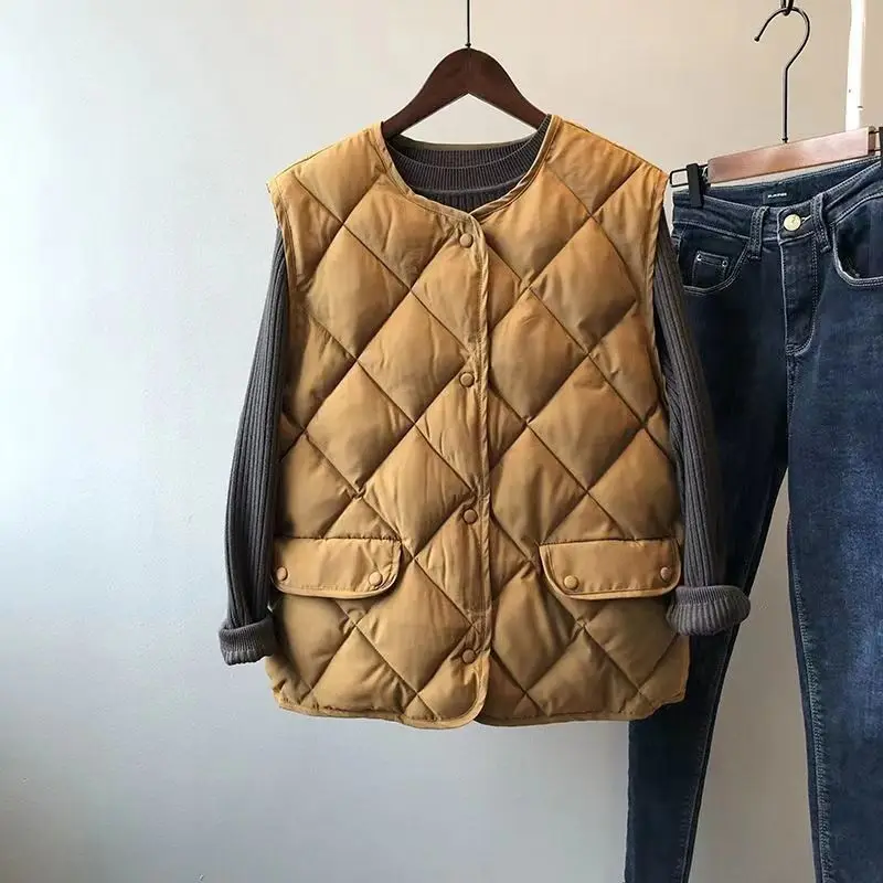

2025 Autumn Winter Cotton Vest for Women Short Vest with Diamond Pattern Versatile Cotton Jacket for Outerwear