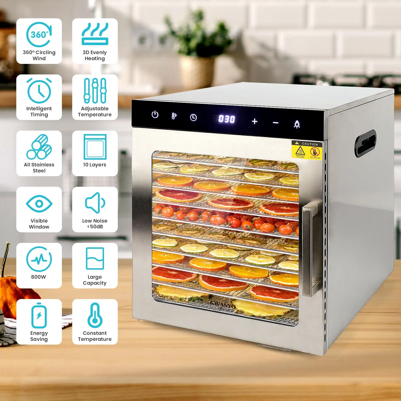 Máquina deshidratadora de alimentos, 10 bandejas de acero inoxidable, deshidratadores de 800W, Control de temperatura de 194 ℉ y temporizador para hierba