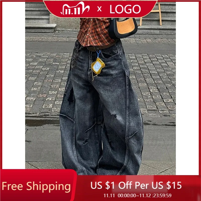 

2026 Summer Casual Loose Big Size Wide Leg Denim Baggy Pants Y2K Black Jeans Women Vintage High Waisted Cargo Jeans Straight