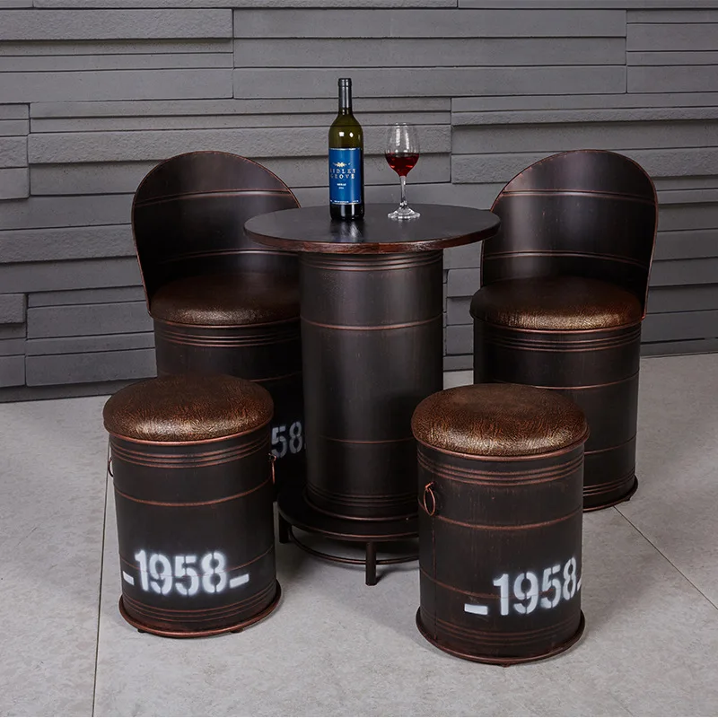 

American old creative oil drum table and chair combination retro industrial style wrought iron small round table bar cafe milk