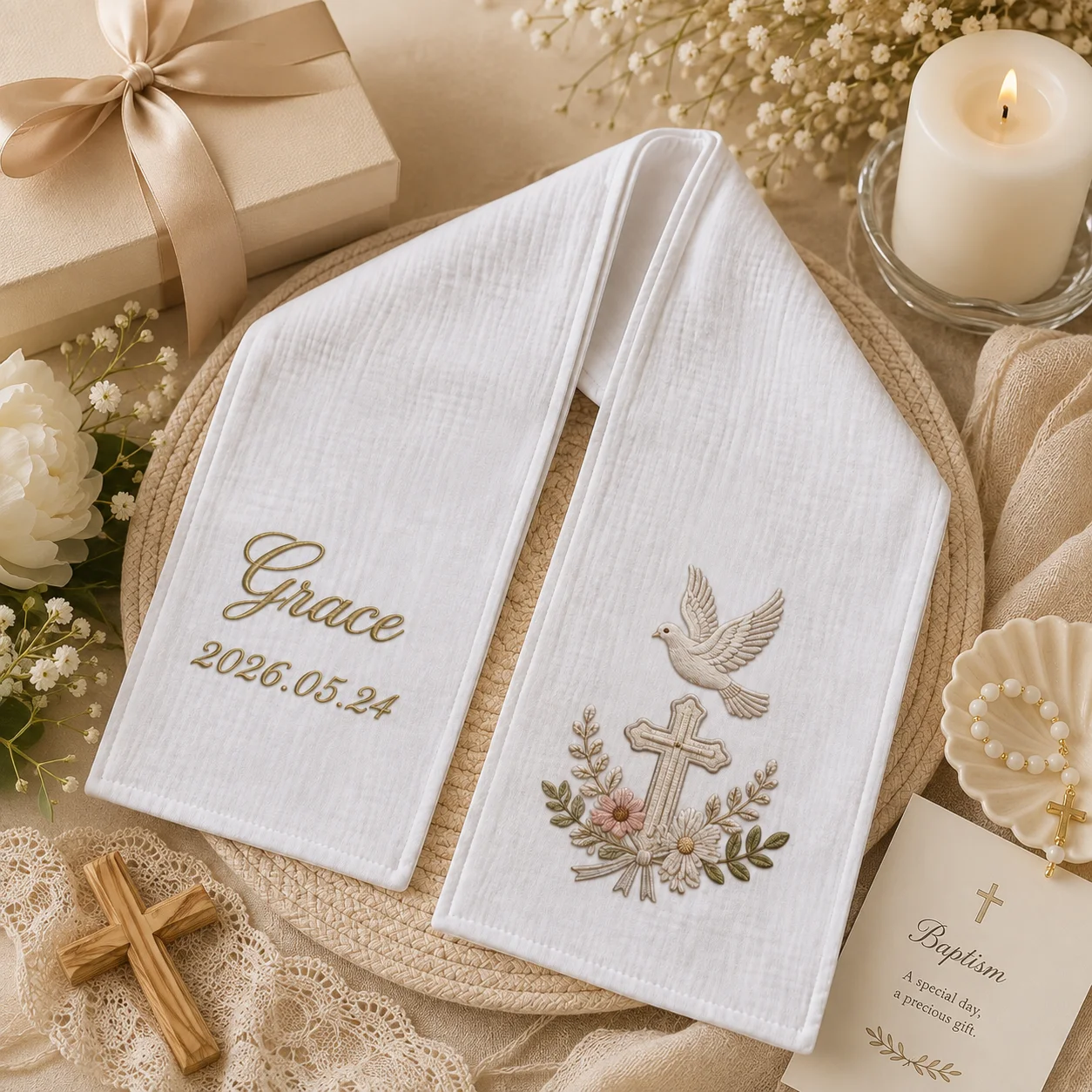 Custom Personalized Embroidered Baptism Stole Multi Size Ceremony Scarf with Name Date Cross Dove for Christening Keepsake Gift