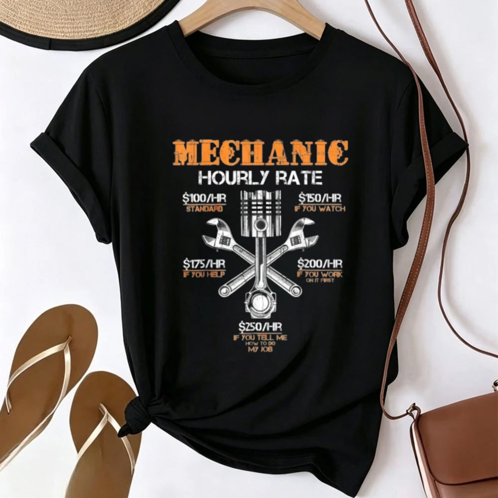 Mechanic Hourly Rate Funny Wrench Piston Graphic T-shirt Men Women Auto Repair Technician Joke Print Short Sleeve Tee Crew Neck