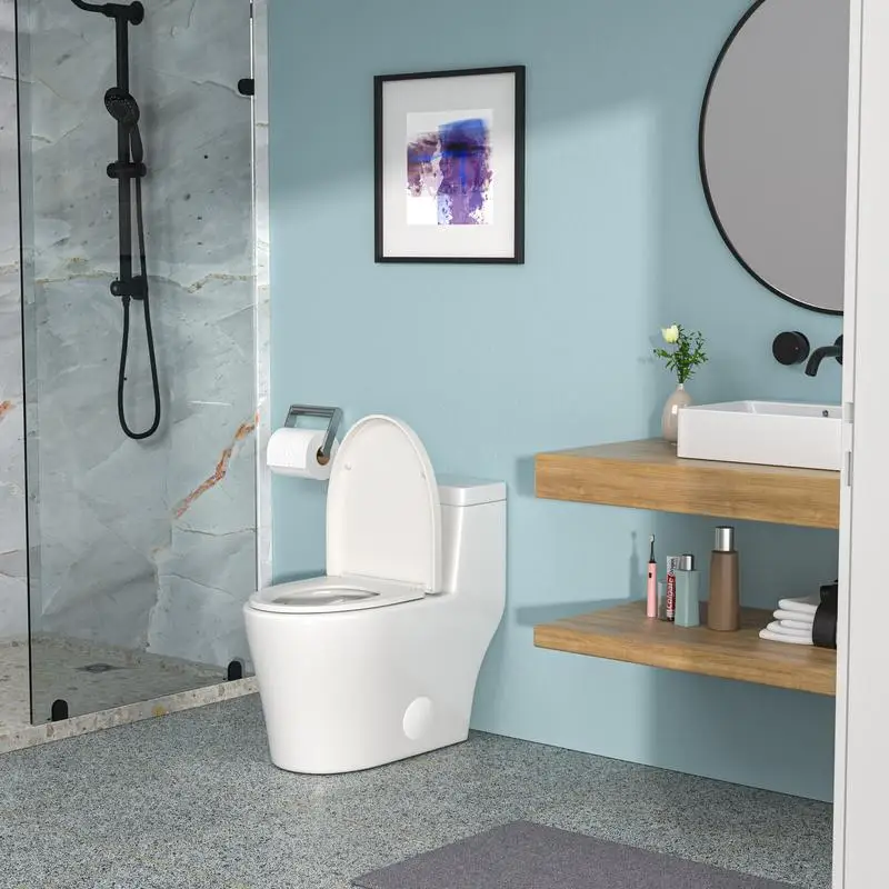 Ceramic One-Piece Toilet, Single Flush, Soft-Close Seat, Compact Design for Small Bathrooms