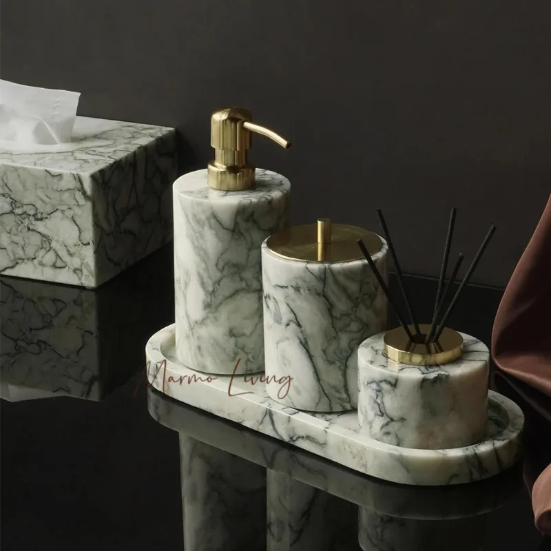 Cold Emerald Natural Marble Bathroom Set Luxury Stone Soap Cotton Swabs Jar Reed Diffuser Vanity Tray Bathroom Accessories Set