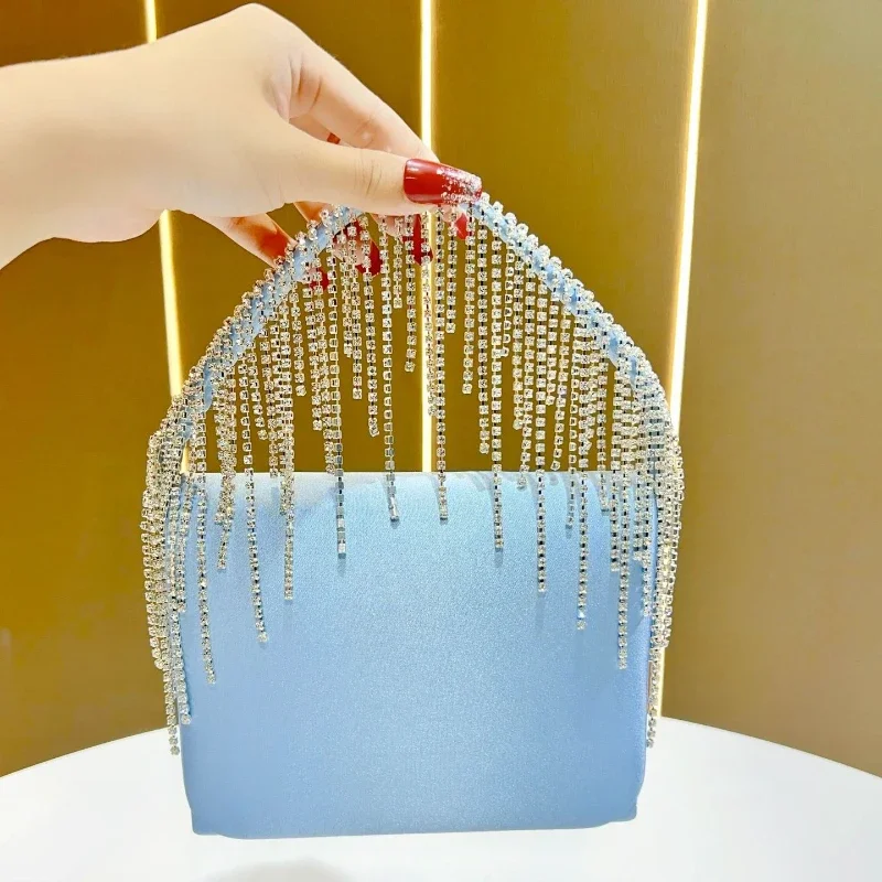Lavender Satin Evening Clutch Bag for Women Sweet Rhinestone Tassel Handbag Luxury Wedding Prom Formal Party Flap Purse Bolso