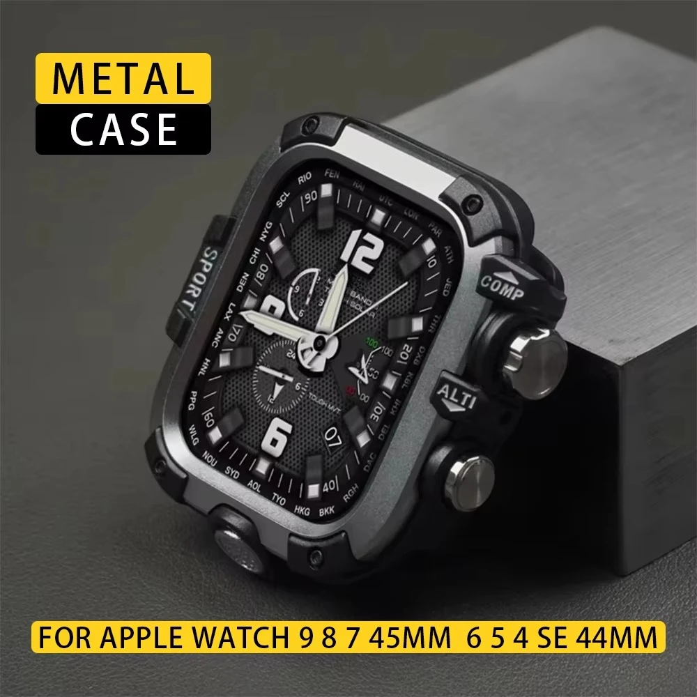 حافظة من سبائك الألومنيوم لسلسلة ساعات أبل 9 8 7 45 مللي متر فيلم شاشة ممتص للصدمات معدني + إطار لساعة iWatch 654SE 44 مللي متر غطاء حماية كامل