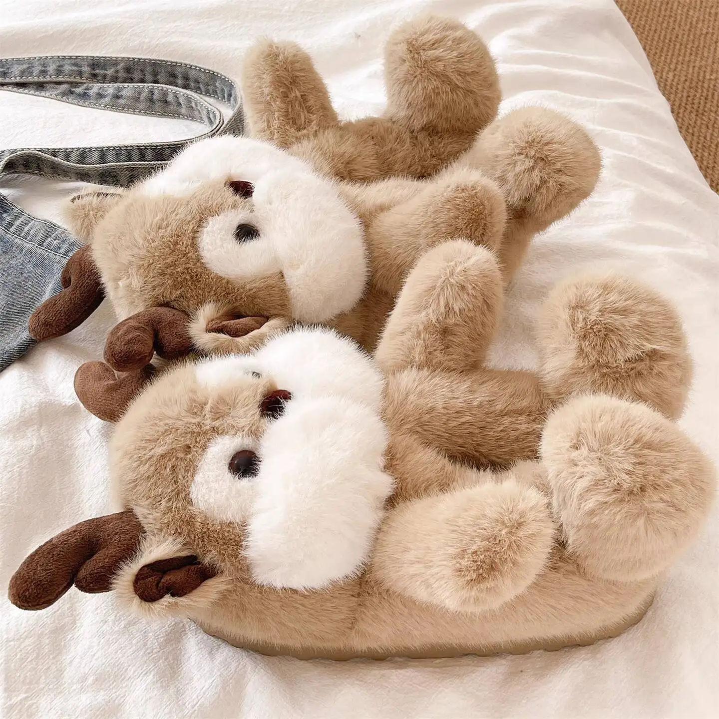 

Funny Reindeer Slippers2025 Autumn Winter Women's Winter Home Furry Slippers Cute Cartoon Deer Design Non Slip Thick Soled Warm