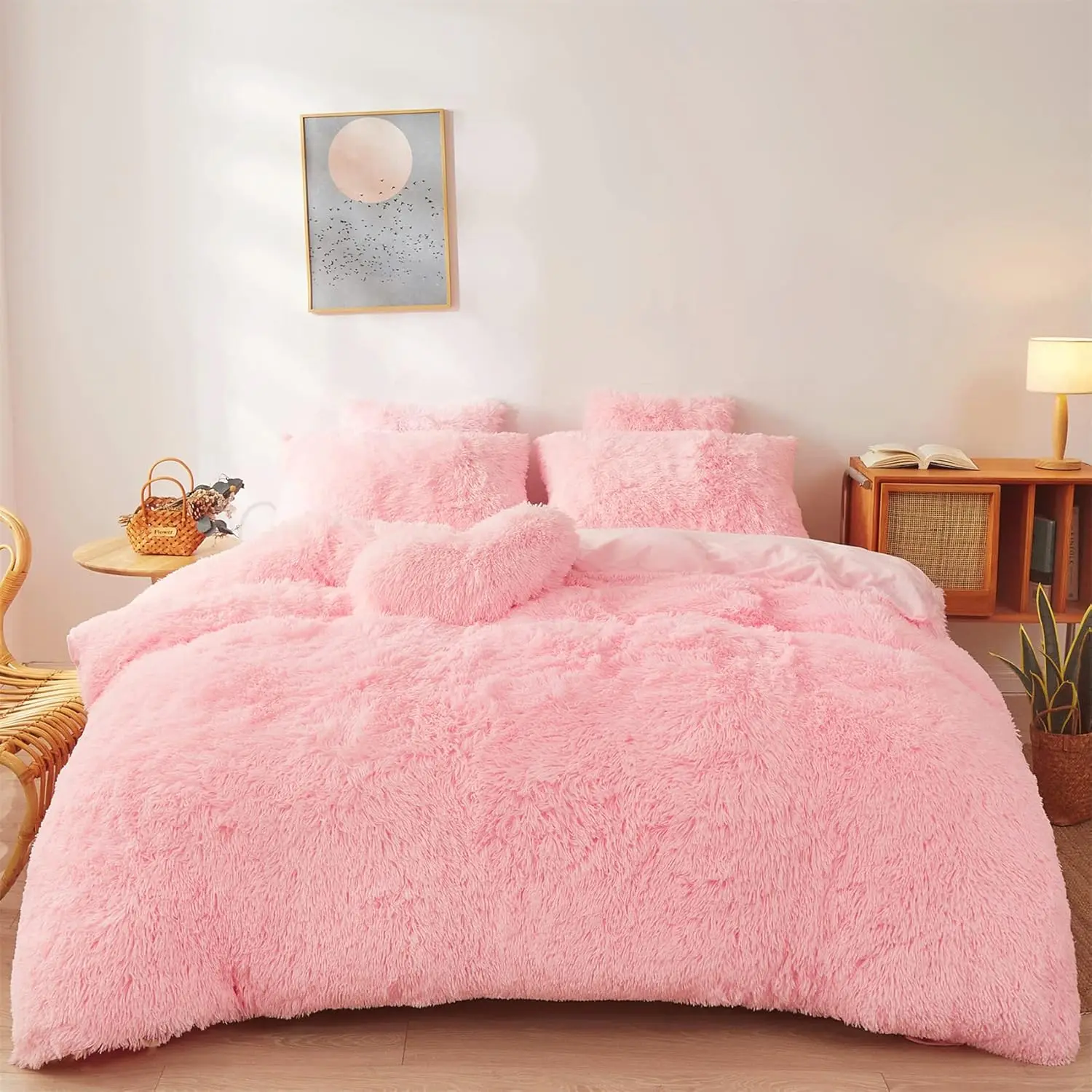 

Pink Faux Fur Queen Comforter Set - Ultra Soft Plush Bedding with Pillowcases, Light Pink