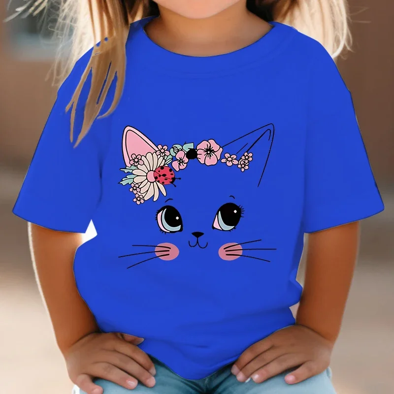 Summer Kids T Shirt Flower Cat Graphic Shirt Girls Floral Kitty Tops White Short Sleeve Wild Tee Cute Animal Cartoon Cat T-shirt