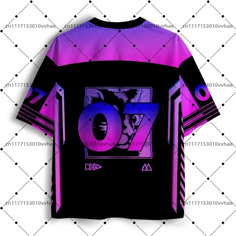 Soulisfree Purple Cat Mesh Jersey Design Digital Print V-Neck T-Shirt Comfortable Sports Short Sleeve