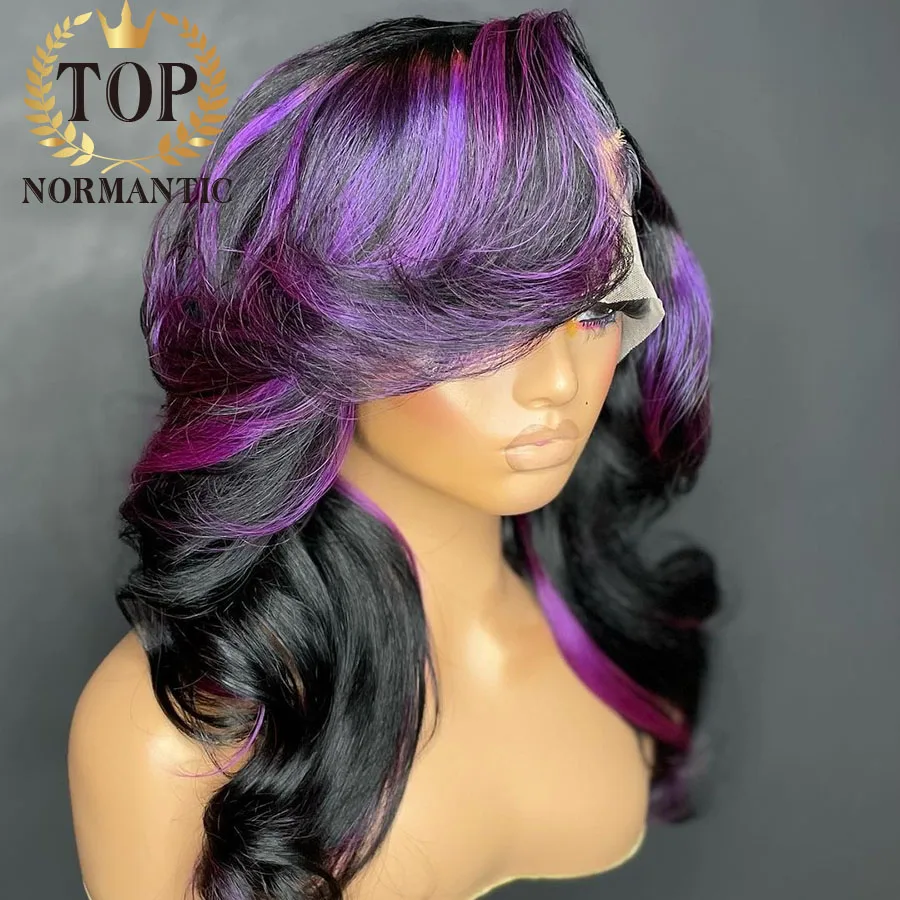 Topnormantic Brazilian Human Hair Wig For Woman Purple Highlight Color 13x4 Lace Front Wig with Baby Hair 4x4 Closure Wigs Gluel