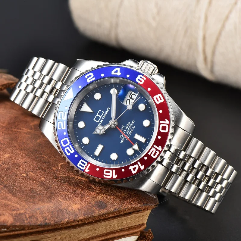 GMT Watces For Men NH34 movimento automatico self-wind 40mm Logo personalizzabile orologio cornice rotante bidirezionale 5Bar impermeabile