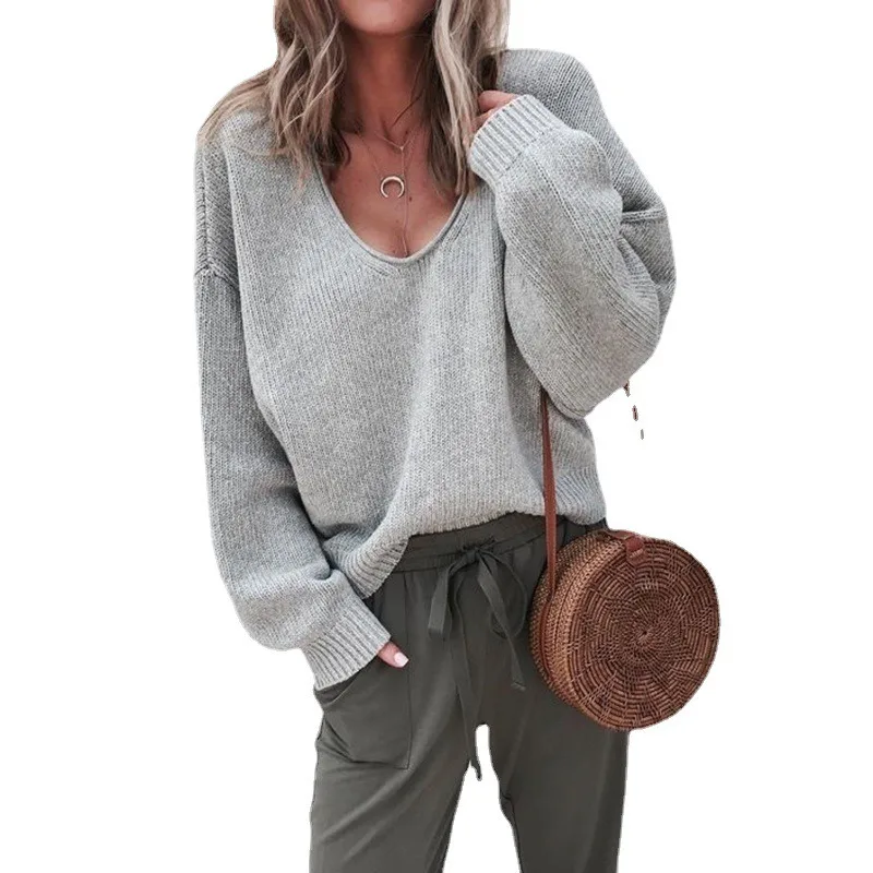 Popular European American Fashion Women's V-neck Long-sleeved Pullover Solid Casual Knitted Autumn Winter Sweater