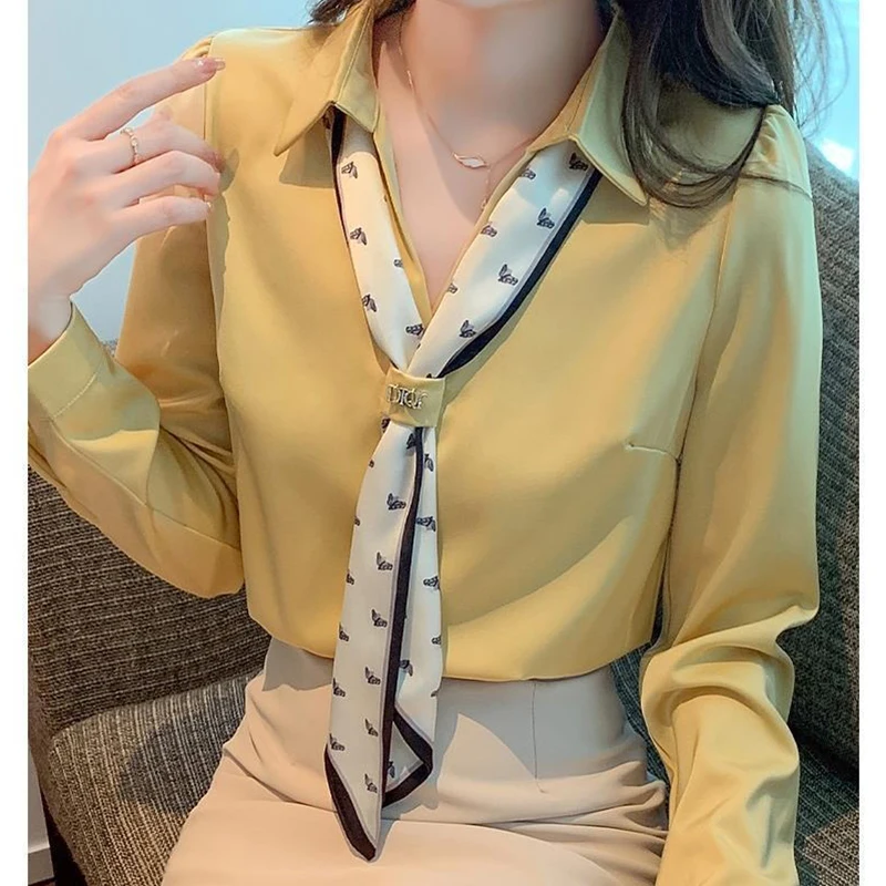 Autumn New Elegant Fashion Commuter Office Lady Chic Minimalist Shirt Women Necktie Turn Down Collar Solid Color Long Sleeve Top