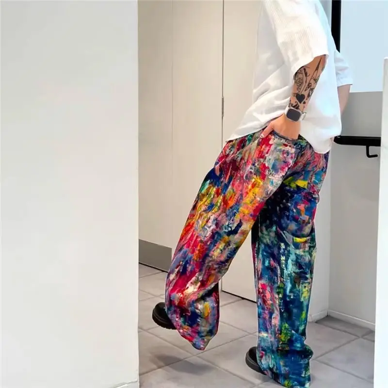 Nuevos pantalones vaqueros informales de pierna suelta 25ac para hombre, pantalones Ptte con estampado de pintura al óleo, pantalones largos de cintura baja elásticos altos