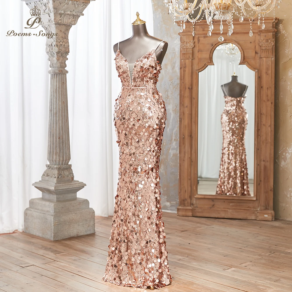 Elegant Rose Gold Sequin Mermaid Evening Dress V-Neck Spaghetti Strap vestidos de noche Elegant Formal Wear for Special Occasion