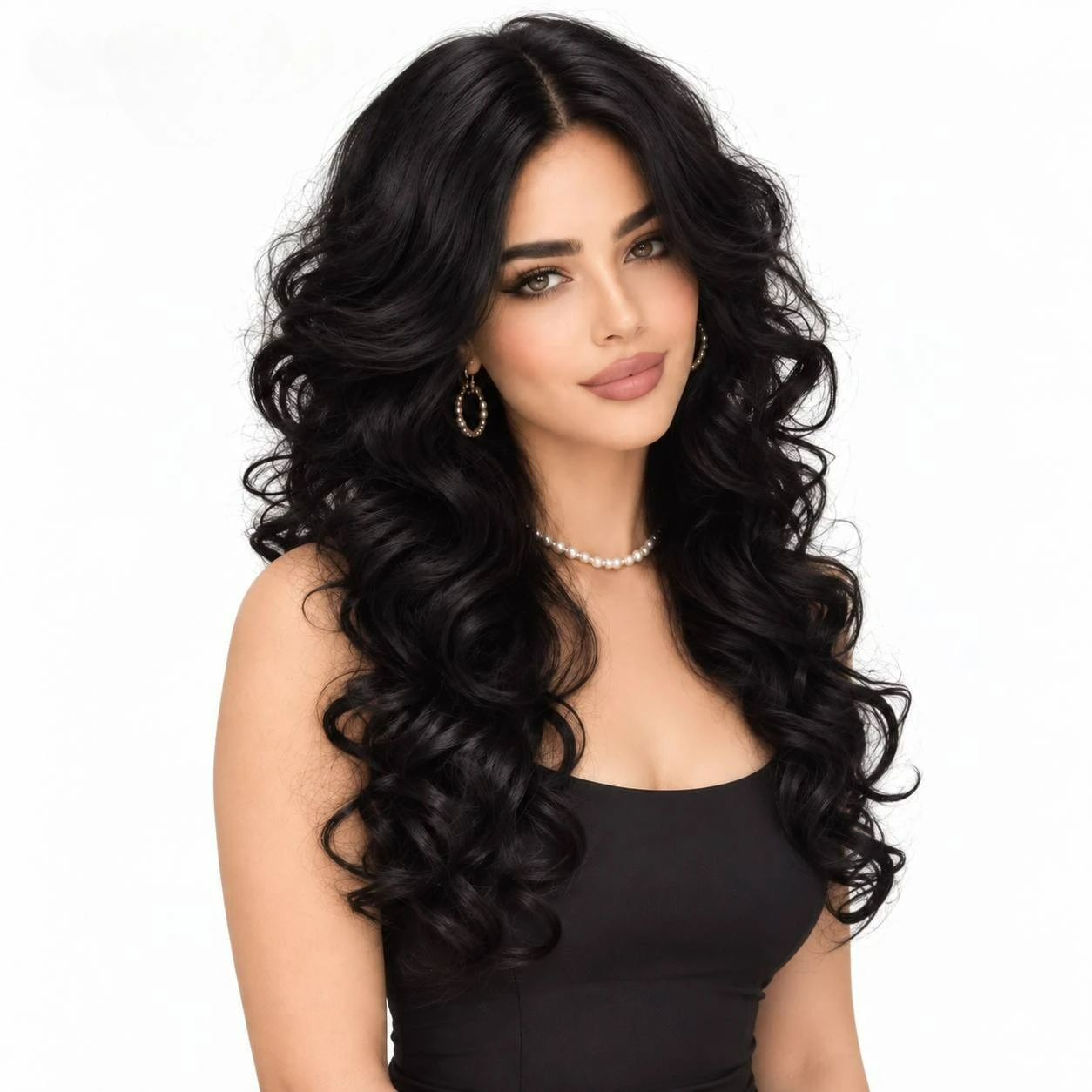 Elegant black 21.65-inch medium-deep wavelength full-head wig for a mysterious and elegant look, suitable for a variety of them