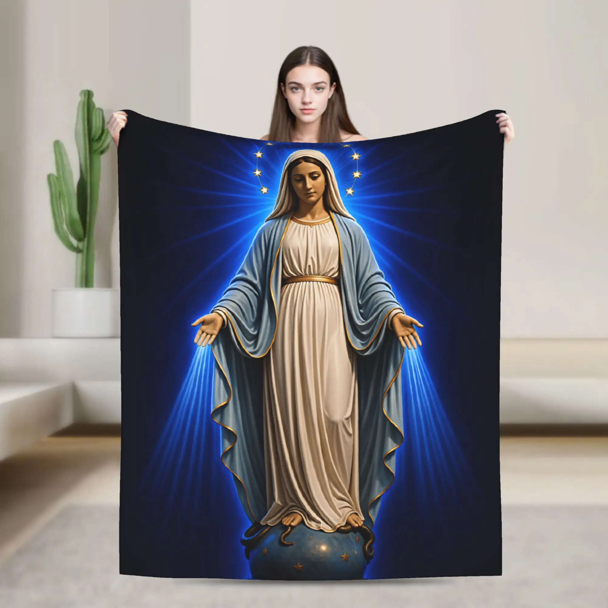 Our Lady Of Grace Statue Blue Light Religious Art Bedding Throws Soft Cozy Pattern Blanket  For Outdoor Travel Car Bed Cover
