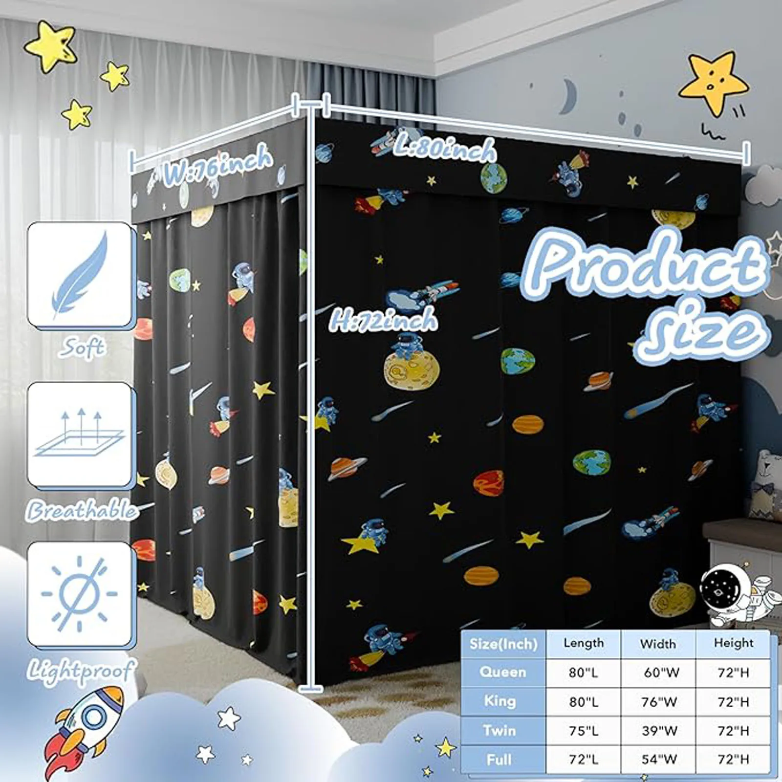 Queen/Twin Unique printing design Four Corner Post Canopy Bed Curtains Sheer Canopy for boys Girls Bedroom Decoration Windproof