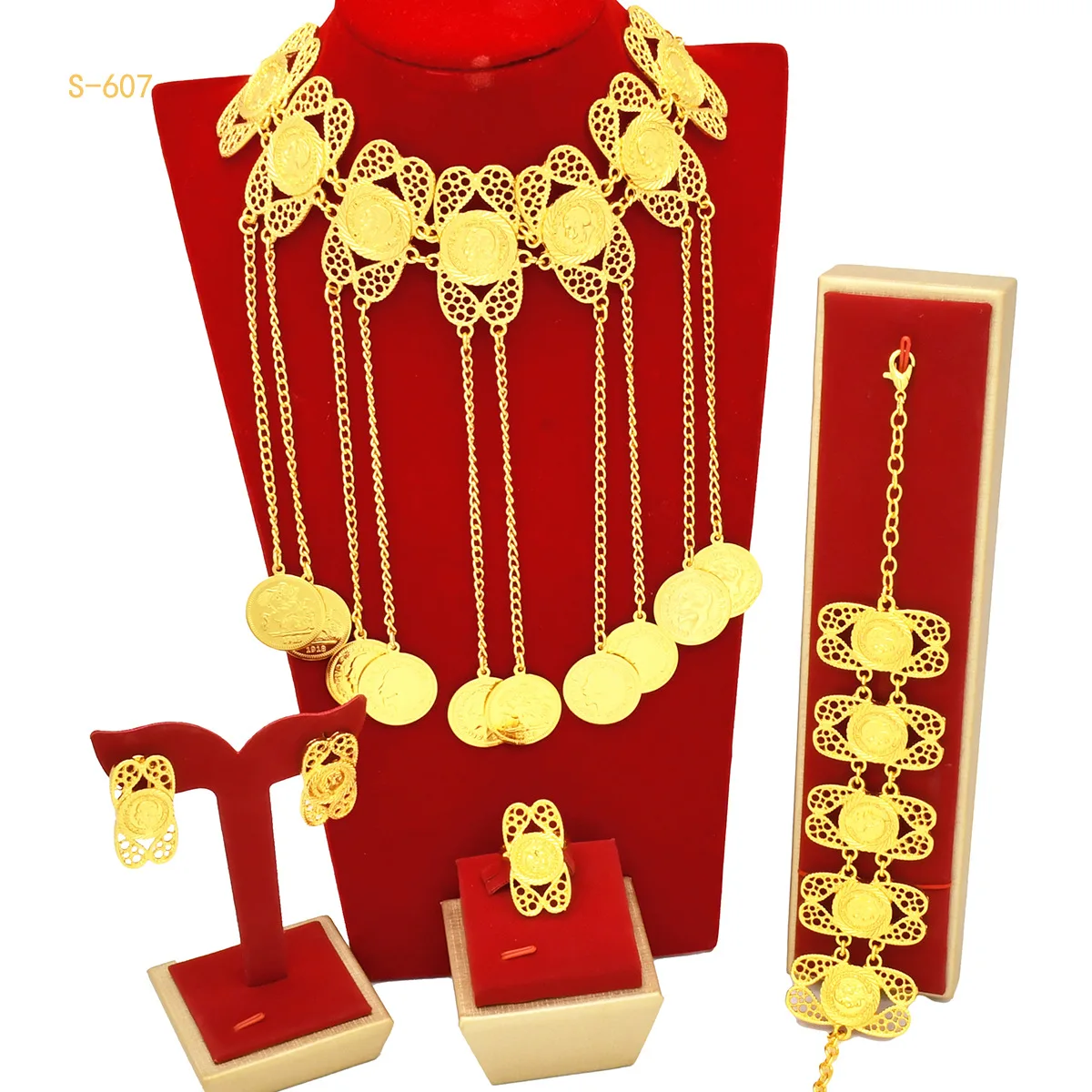 

24K Gold AU999 Tassel Necklace Bracelet Earrings Ring 4-Piece Set Wedding Women - Premium wedding jewelry, romantic tassels